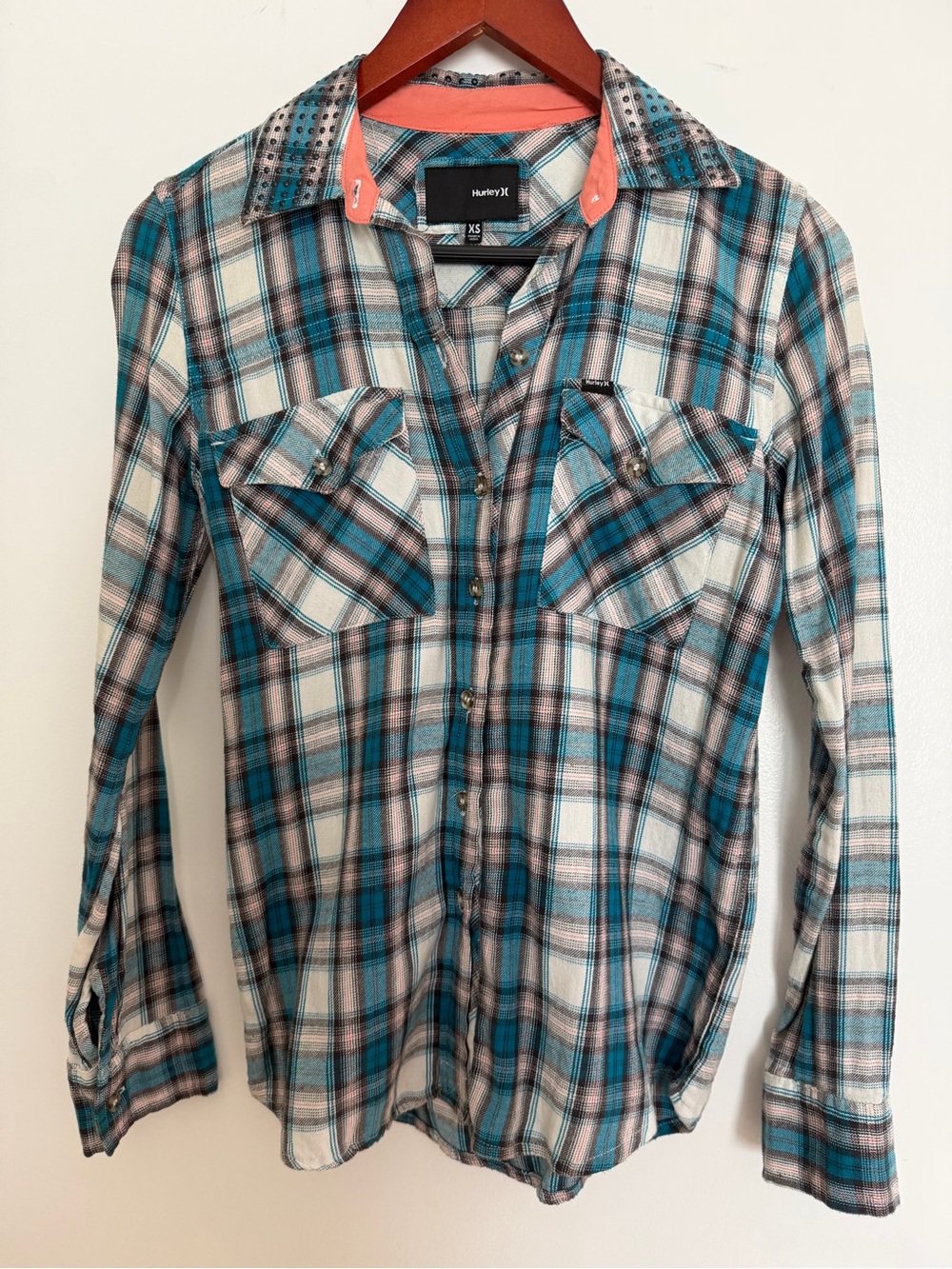 Hurley Teal, White and Black Plaid Shirt with Coral Trim